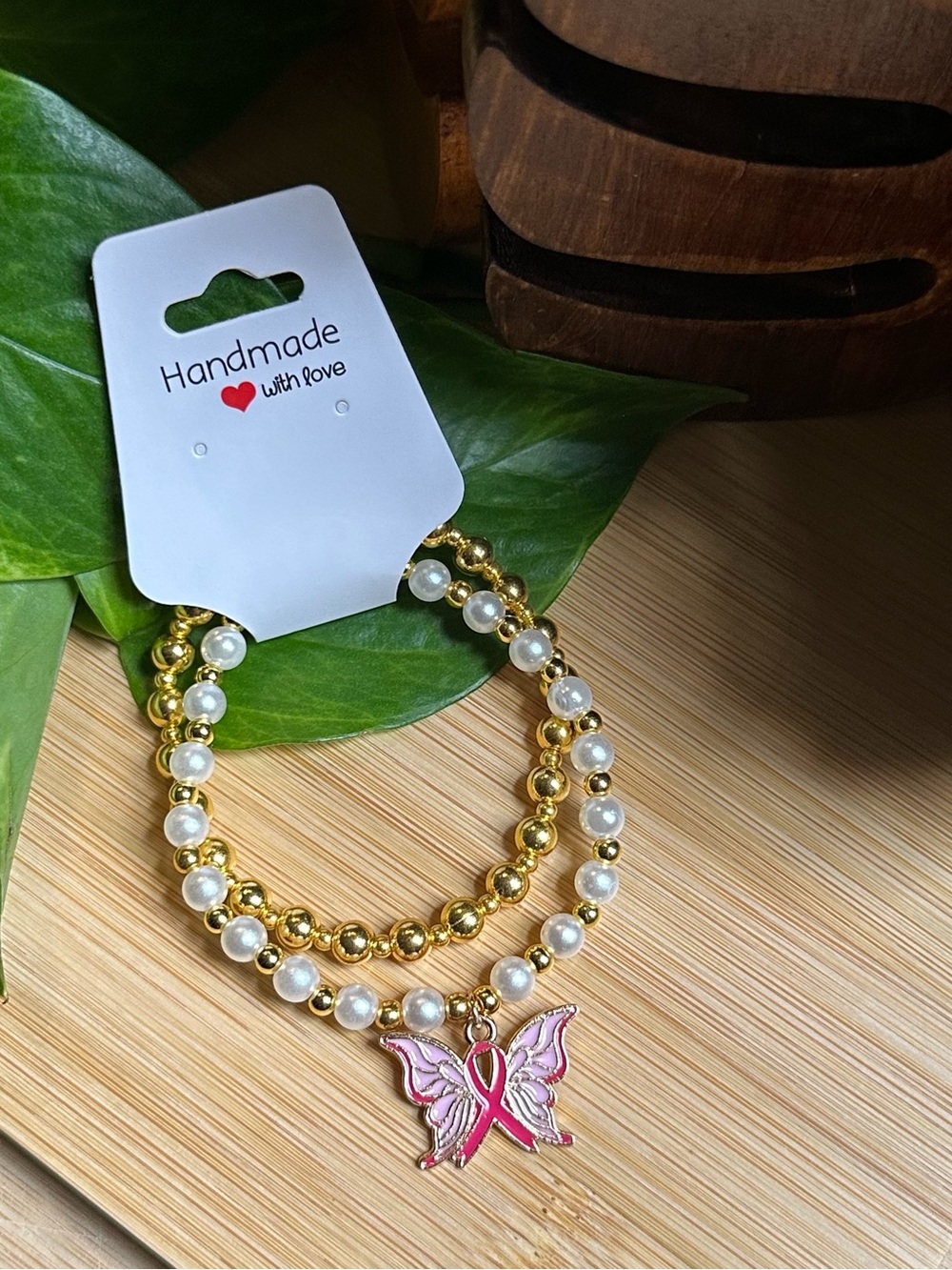 🎀Breast Cancer Awareness 2-PC Stretchy Bracelet Set | Handmade |Dangle Charm🎀